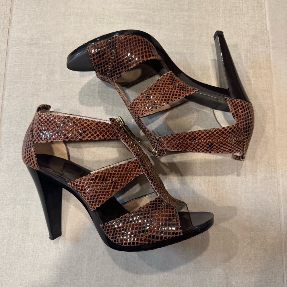 Michael Kors Snakeskin Leather/ Textile outsole/ 4" Heels/ Zipper Up Sandal - Picture 4 of 11